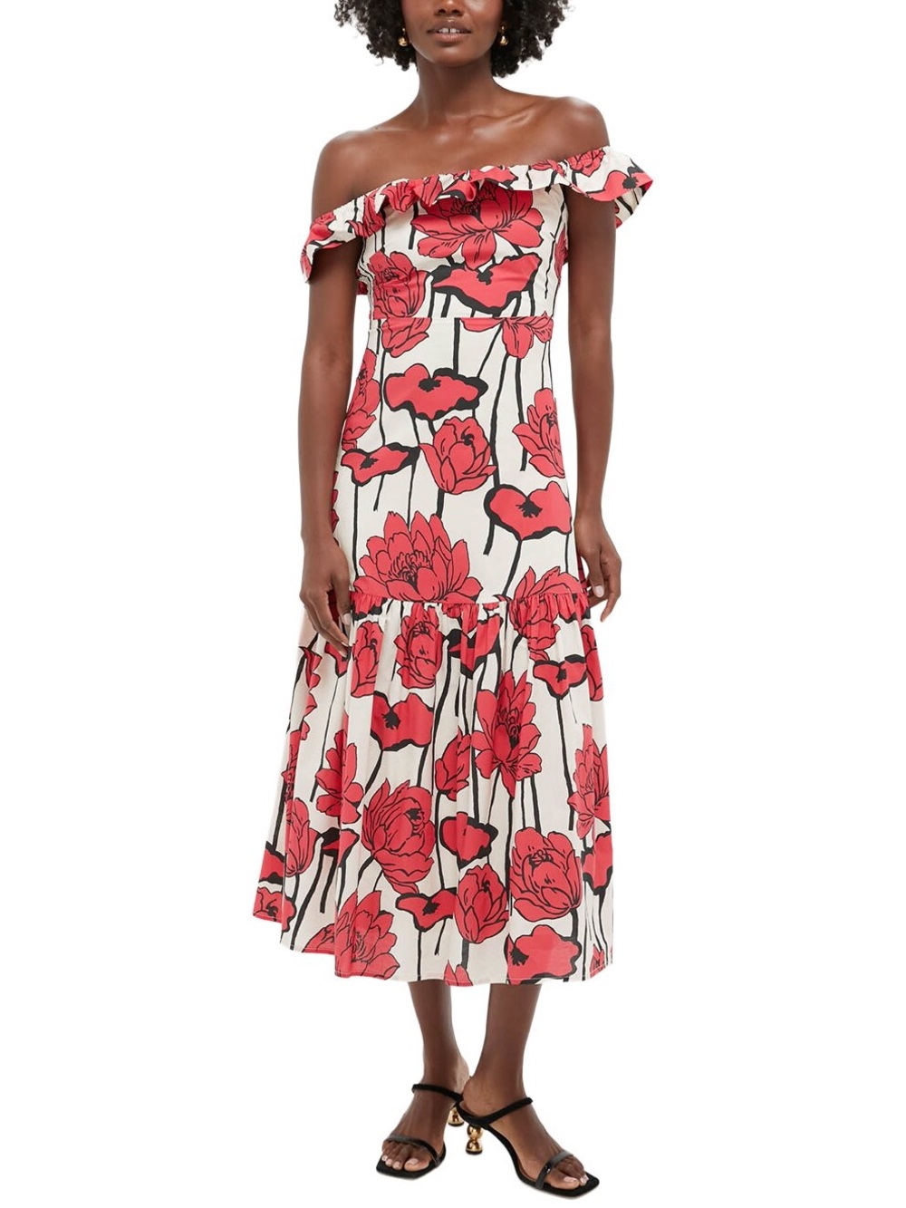 Tuckernuck Off-Shoulder White Midi Dress with Red Floral Print